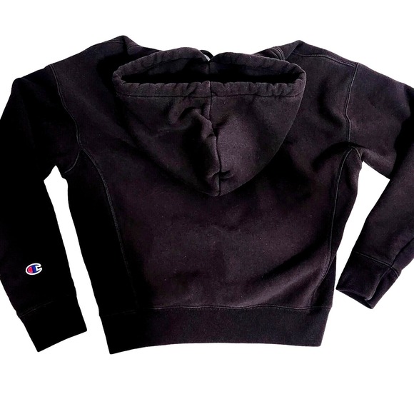 Champion Y2K Reverse‎ Weave Hoodie Small Black Spellout Embroidered - Picture 2 of 6